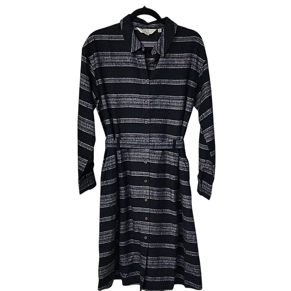 People Tree Organic Cotton Hand Woven Black Gray Striped Shirt Dress Women 8 NEW